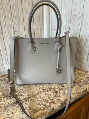 Michael Kors Light Gray Saffiano Leather Satchel with Shoulder Strap